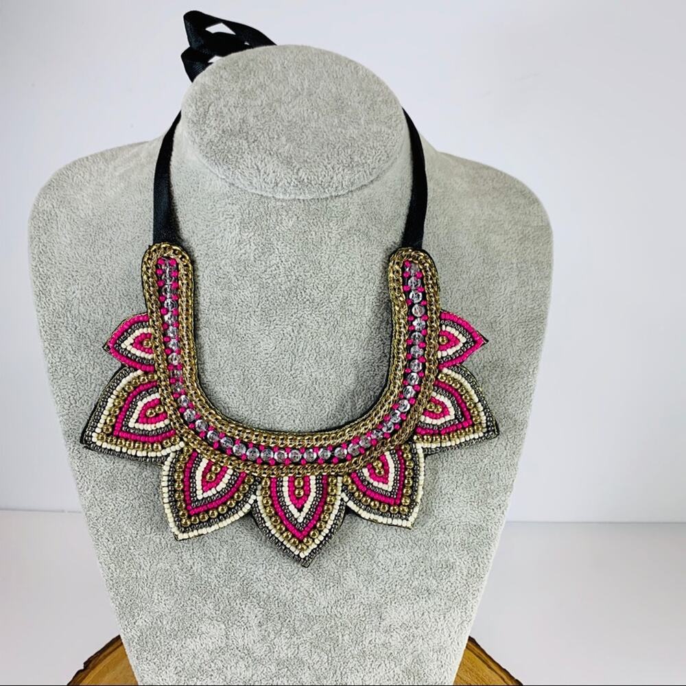 Beaded Bib Statement Necklace Pink Gold Cream